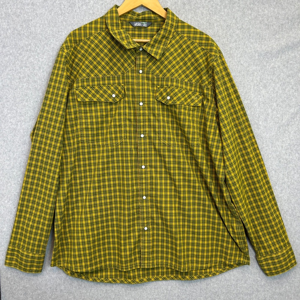 Stio Western Snap Plaid Shirt Yellow Green Long Sleeve Casual Outdoor Mens XXL